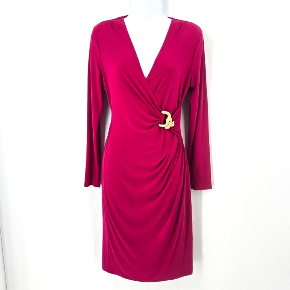 Cache Y2K Hot Pink Bodycon Dress Gold Snake Hardware Surplice Midi Cocktail NWT